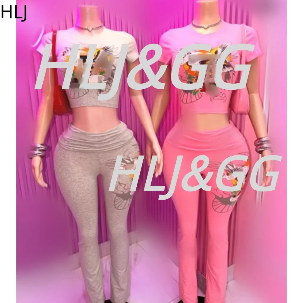 HLJ Fashion Vintage Pattern Print Two Piece Sets Women O Neck Slim Crop Top And Skinny Pants Outfits Y2K Lady 2pcs Steetwear BR
