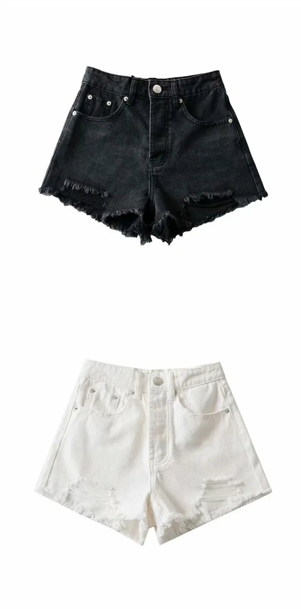 High Waist Tassel Frayed Distressed Denim Shorts Women's Fashion Summer  Slimming Effect Straight Leg Short Pants