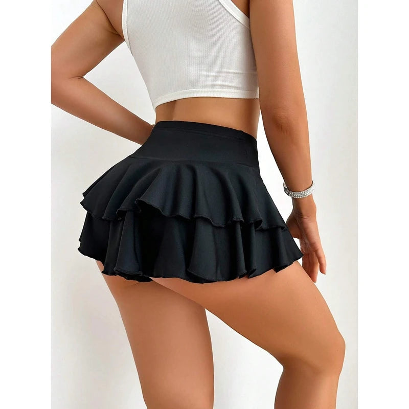 Women Mini Ruffle Flare Shorts Casual Solid Color Elastic High Waist Layered Tiered Wide Leg Shorts Summer Streetwear