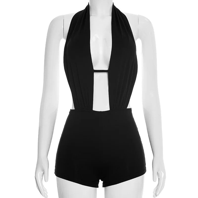 HLJ Sexy Deep V Neck Bodycon Romper for Women Black Halter Sleeveless Backless Shorts Jumpsuit Female Club Party Streetwear New