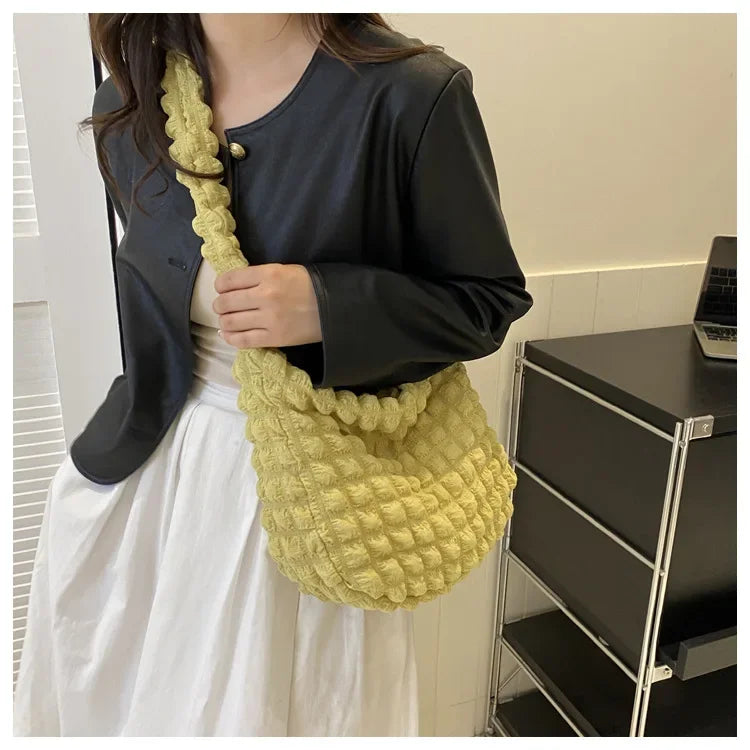 Fashion Pleated Design Shoulder Bag Cute Pleated Bubbles Solid Color Tote Bag Large Capacity Embroidered Satchel Bags Women