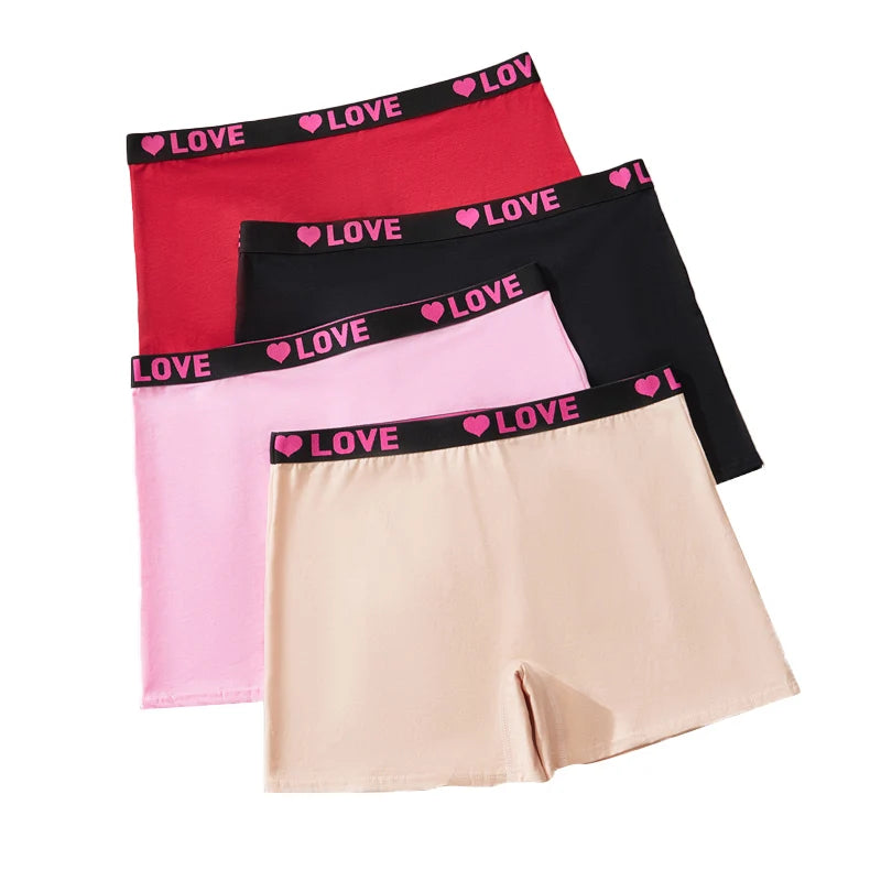 4PCS Plus Size Comfortable Women's Briefs Cute Heart-Print Women's Boxer Briefs Cotton Valentine's Day