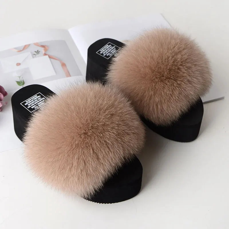 Women Fox Fur Slippers Woman Fashion Sandals Girls Casual Fur Slides 7cm Thick Sole Summer Platform Shoes Modern Slippers Wedges