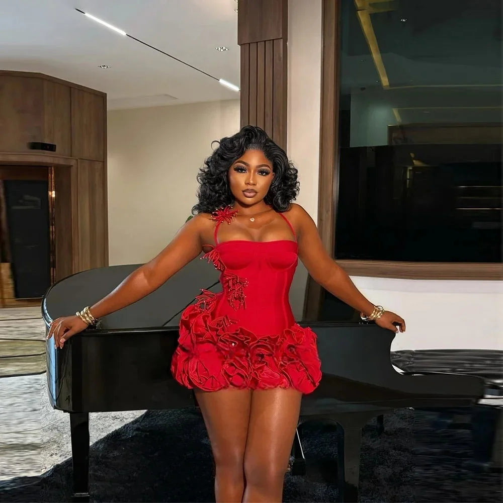 Red Short Prom Dresses For Black Girls Halter Ruffles African American Birthday Party Homecoming Cocktail Dresses Customized