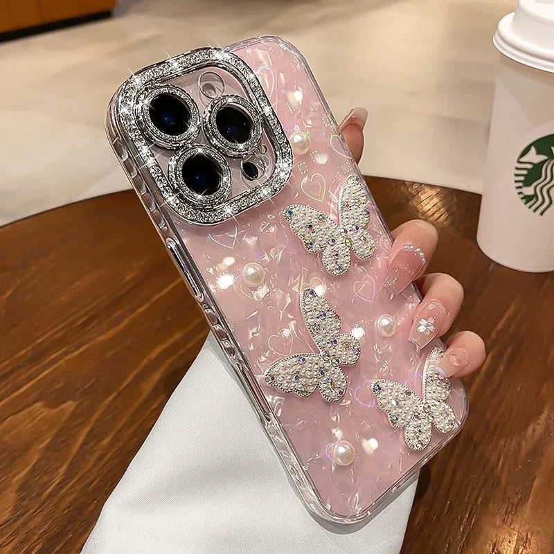 Luxury Diamond Butterfly Clear Phone Case For iPhone 17 Air 16 15 14 13 12 Pro Max Transparent Plating Soft Silicone Back Cover