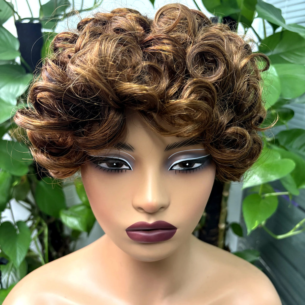 Full Machine Made Loose Wavy Bob Wig Human Hair Wigs 220% Short Colored Bouncy Curly Gluelesss Human Hair Wigs with Bangs