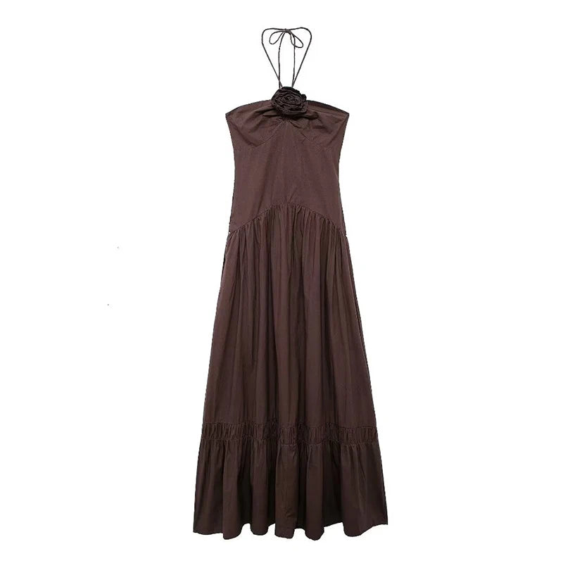 Elegant 3D Flower Long Dress Women Halter Backless Pleated Female Pary Dresses 2024 Fashion Street Sleeveless Solid Lady Robes