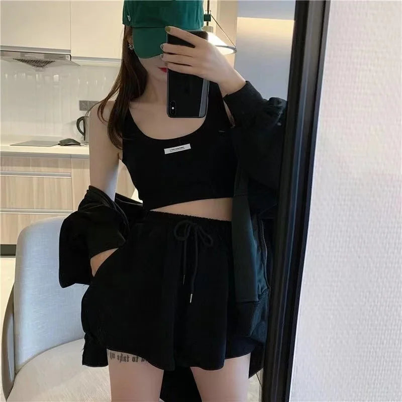 Shorts Three 3 Piece Sets Women Casual Vest Drawstring Short Hooded Zipper Jacket Sportswear Suits Y2k Streetwear Sports Hoodies