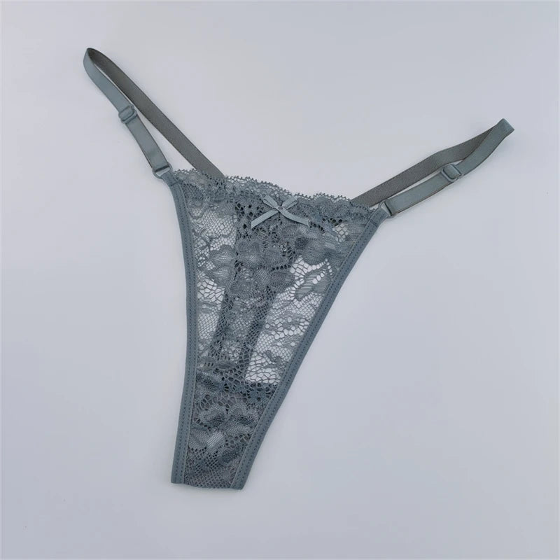 Solid Floral Lace Sexy Panties Ladies Low Waist Bow T-back Thong Adjustable Thin Belt Underwear Hollow See-through Lingerie 3PCS