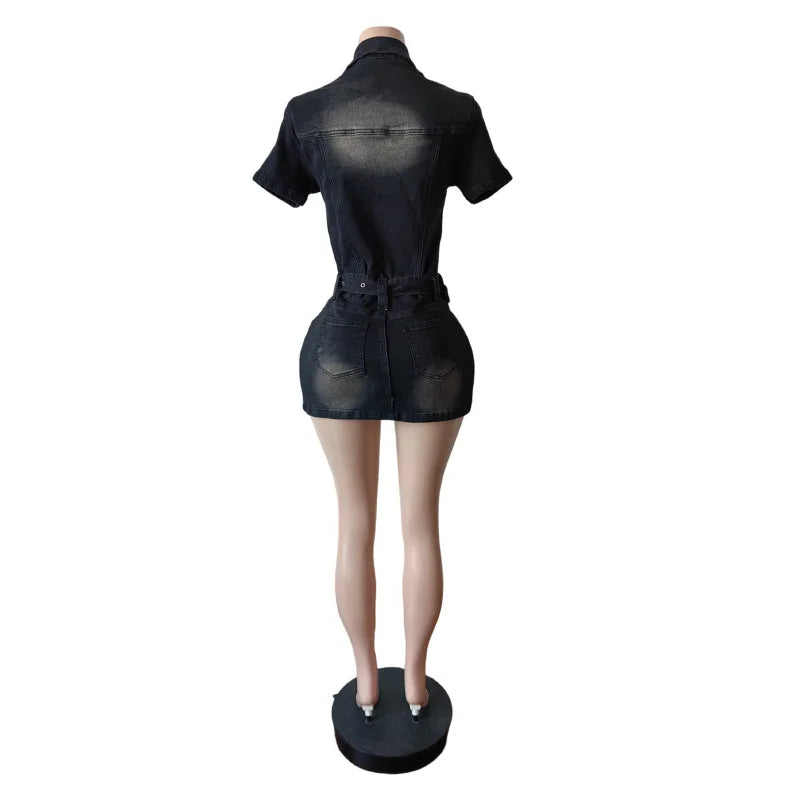 New Women Fashion Denim Dresses Belt Stretch Washed Short Dresses Sexy Girls Mini Denim Dresses Women Casual Summer Clothes