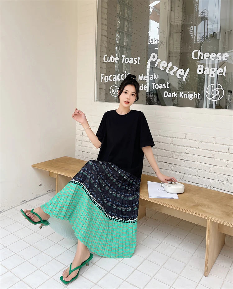NYFS 2026 Summer New Korean Woman Dress Vestidos Robe Elbise Loose Plus Size Short Sleeve Patchwork Two Fake Pieces Long Dresses