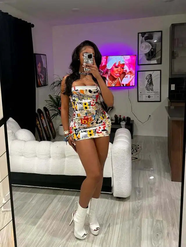 STYLISH LADY Trendy Letter Print Mini Dress 2026 Women Strapless Bodycon Casual Vacation Party Street Style Outfit