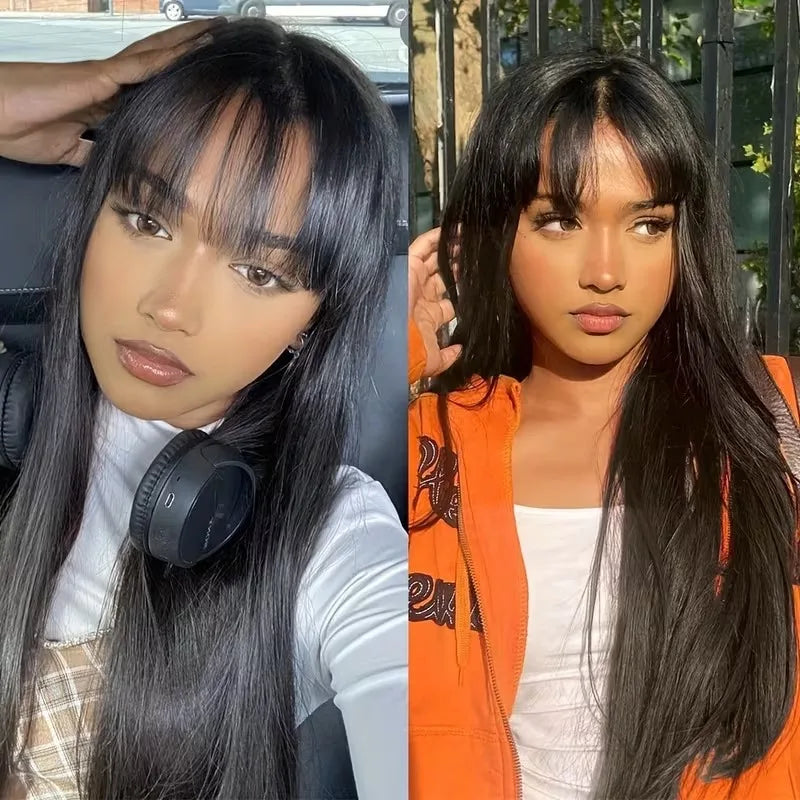 Human Hair Wigs with Bangs 32 Inches Full Machine Made Hair Wig Bone Straight 200 Density Glueless Wig Human Hair Non Lace Wig