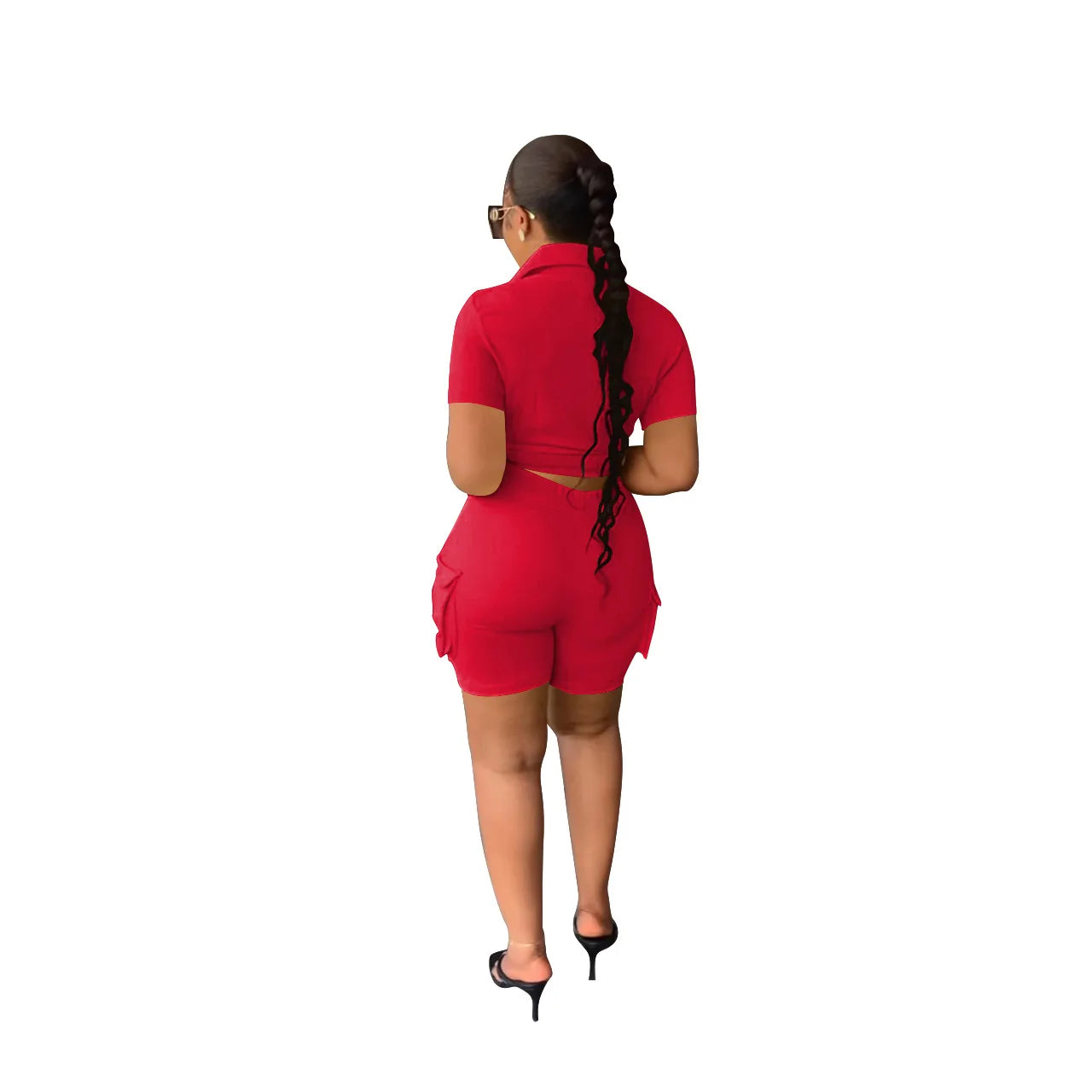 Women Shorts Two Piece Set Turn Down Collar Shirt Button Lace Up High Waist Short Sets Pockets Elegant Lady Streetwear Suit