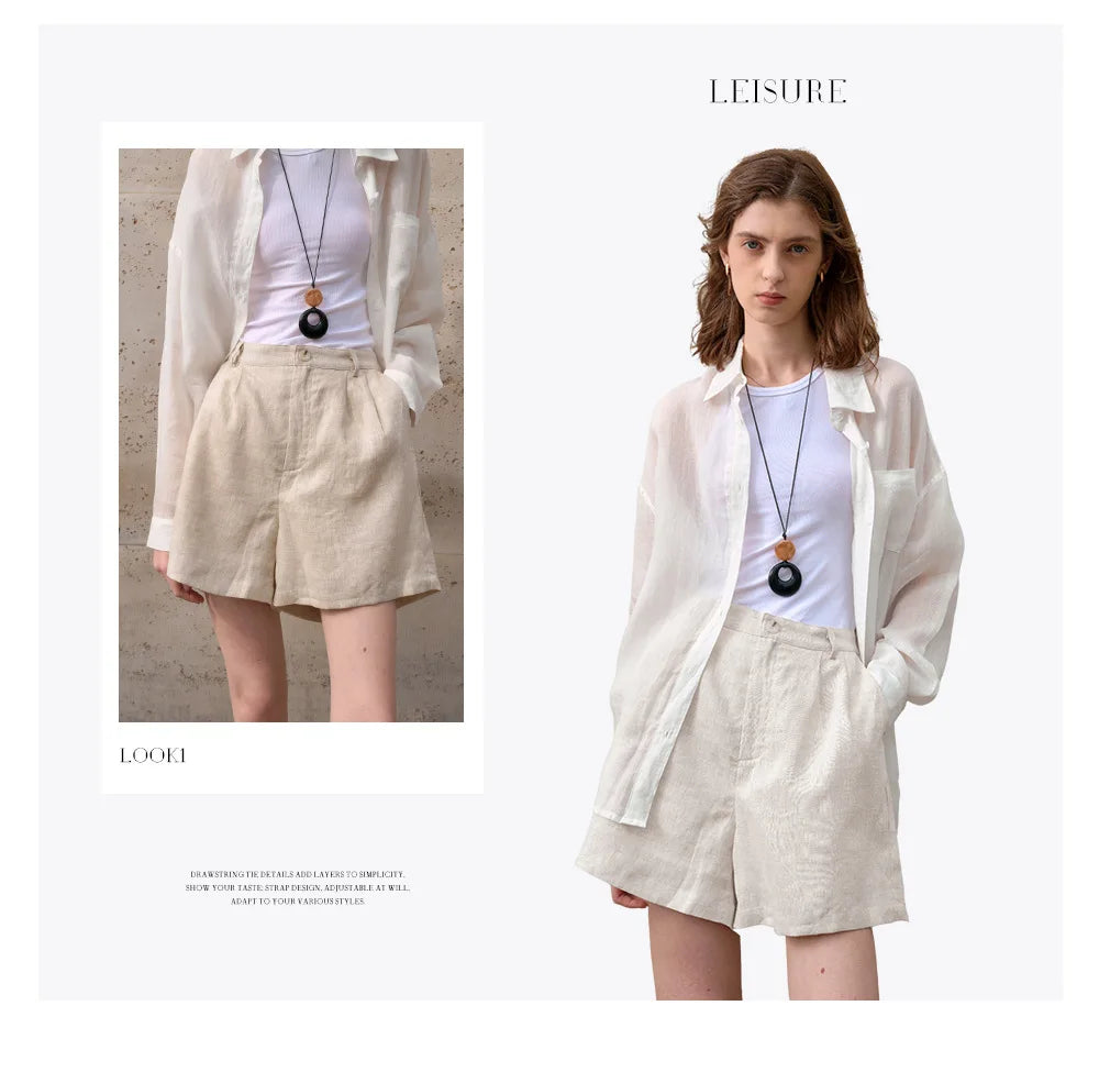 Retro 100% Linen Short Pants Women High Wasit Casual Harajuku Fashion Streetwear White Color Summer Office Lady Female Shorts