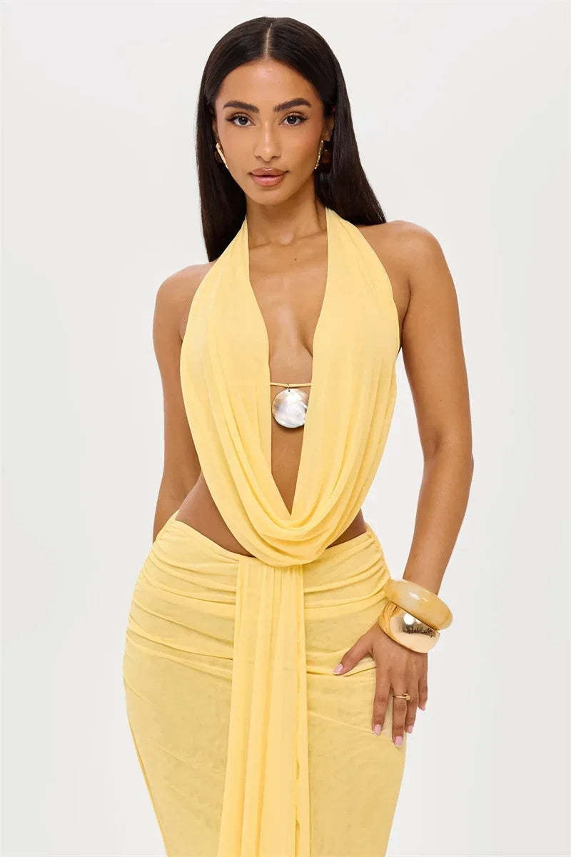 Sexy Dress Set Women Halter Crop Top And Maxi Skirt Matching Sets Female Elegant Beach Club Party Skirt Two Piece Set