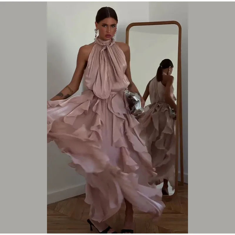 Fashion Halter Ruffle Long Dress Women Chiffon Sleeveless Ruffled Tiered Waist Cinching Party Dresses Lady Holiday Y2K Chic Robe