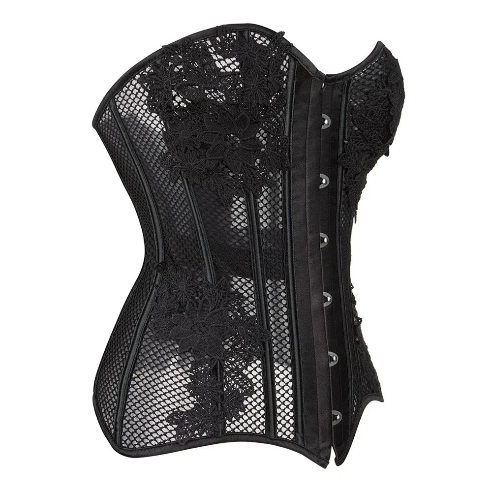 Women's Sexy Corsets and Bustiers Tops Plus Size Mesh Black Breathable Hollow Out Lingerie Corset Overbust Lace Up Corsets