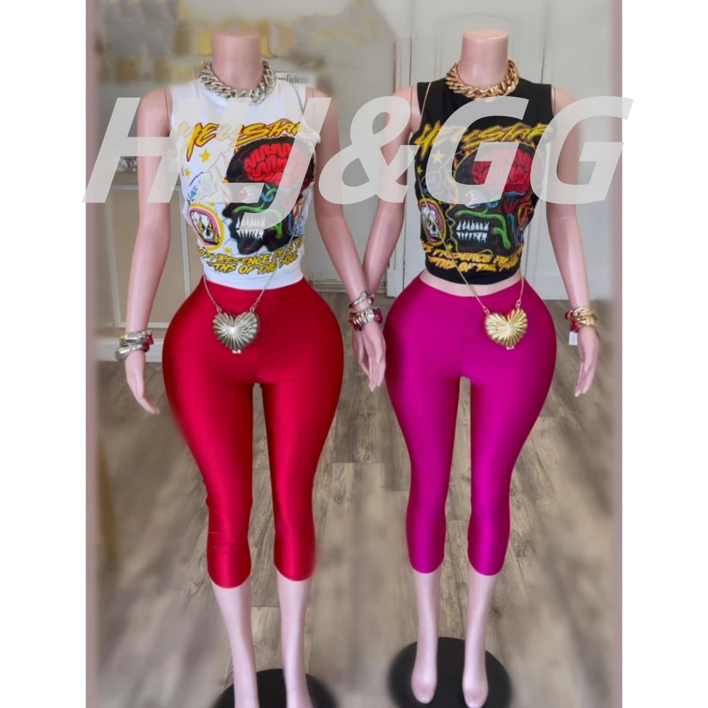HLJ Fashion Y2K Pattern Print Two Piece Sets Women Round Neck Sleeveless Top+Skinny Shorts Outfits Trend Female 2pcs Streetwear