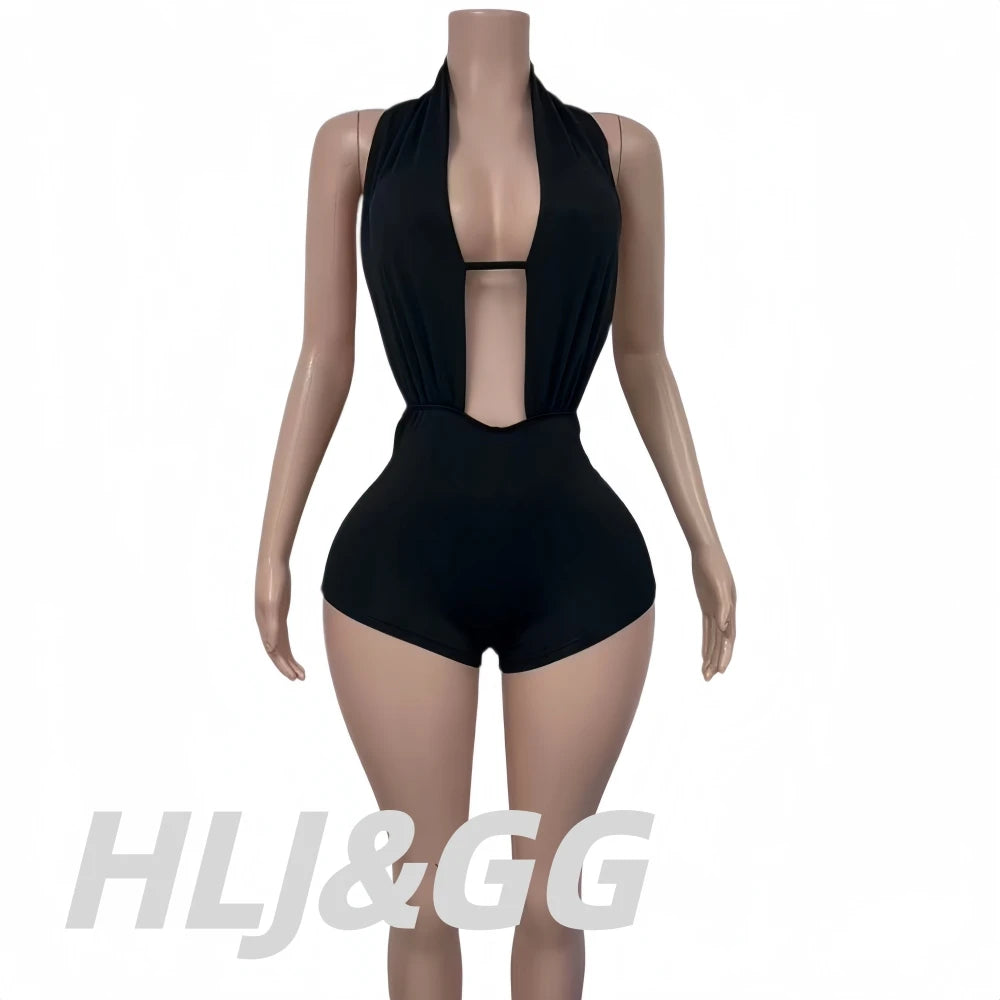 HLJ Sexy Deep V Neck Bodycon Romper for Women Black Halter Sleeveless Backless Shorts Jumpsuit Female Club Party Streetwear New