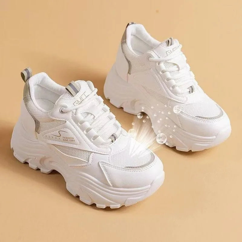 Women's Comfortable Chunky Dad Shoes Mesh Breathable Hidden Height Increasing Platform Sneakers Casual Lace-Up Sport White Shoes