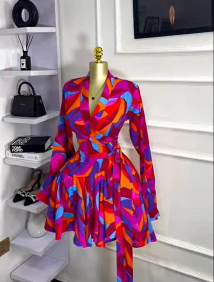 Elegant Women Tie Dye Print Flare Long Sleeve Wrap V-neck with Sashes Ruffle Dress 2026 Elegant Vacation Party Birthday Dresses