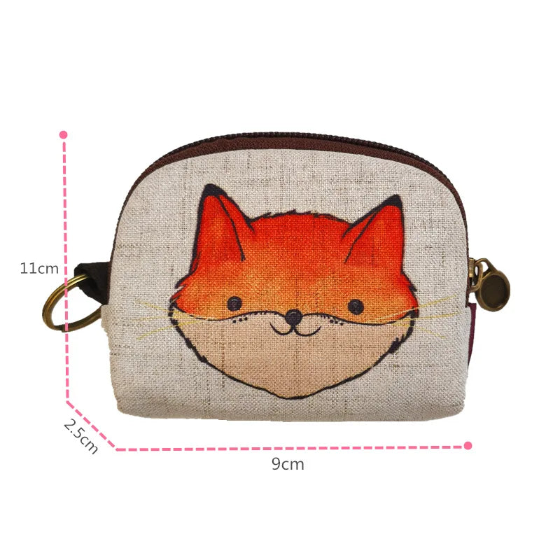 Cute Animal Canvas Coin Purse Short Shell Wallet Women Key Card Bag Kids Cartoon Lionmouse Fox Bear Dinosaur Small Change Purses