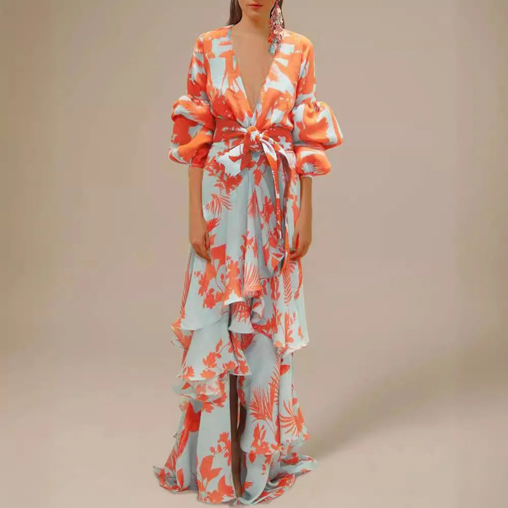 Summer Chiffon Floral Print Dress for Women Casual Short Sleeve Holiday Long Dress Female V-Neck Beach Irregular Bohemian Dress