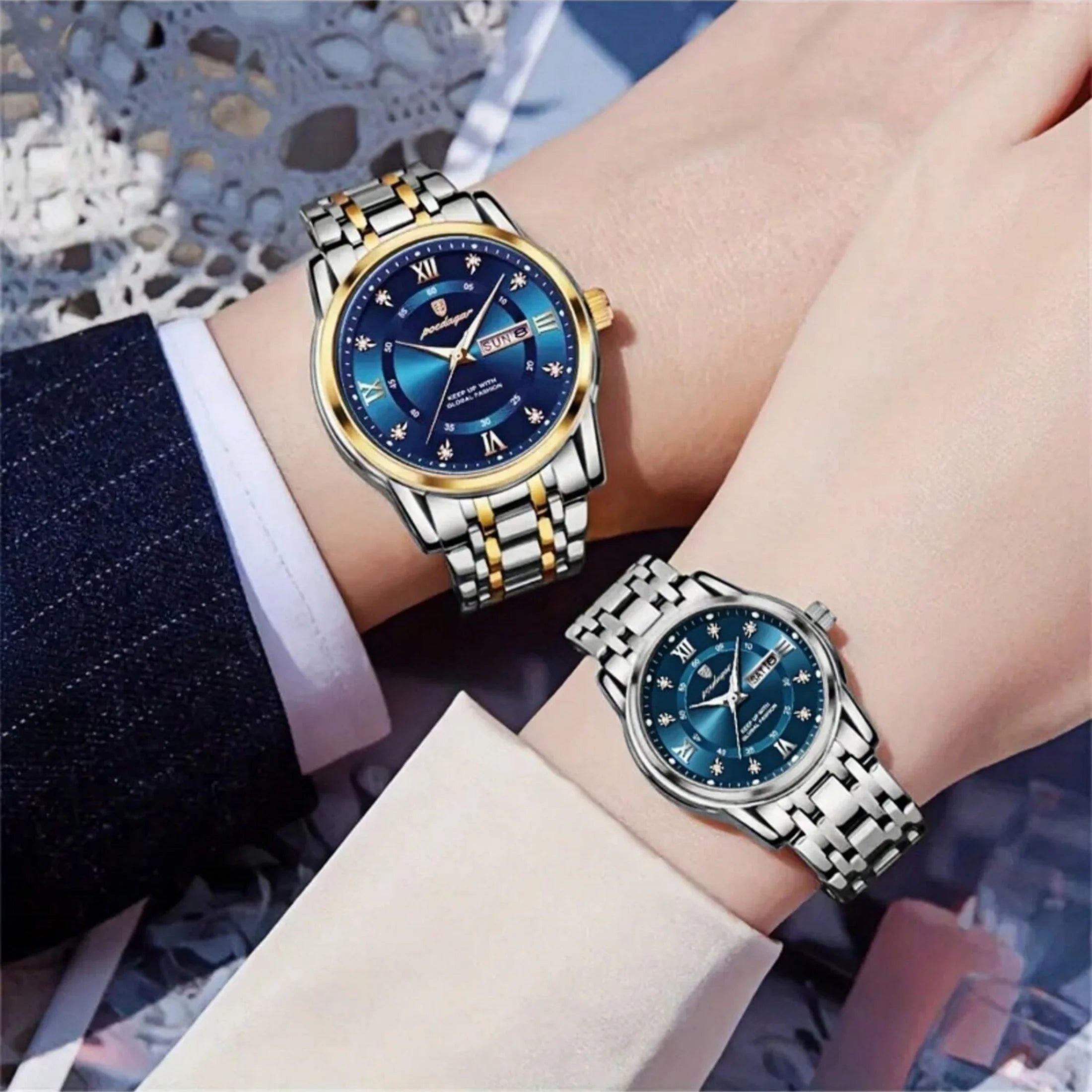 Couple business watch, wedding souvenir, dual calendar function, luminous and water-resistant stainless steel quartz watch