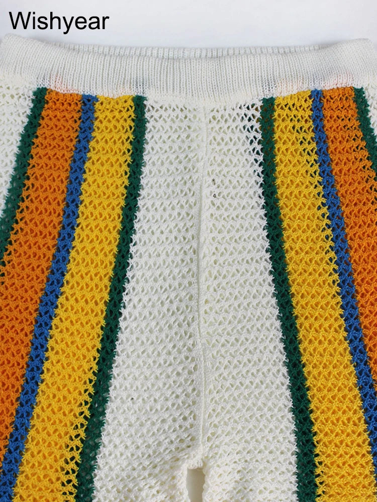 Sexy Colorful Striped Patchwork Knitting Two Piece Pants Set Women Short Sleeve Top and Shorts Fashion Beach Sweater Club Outfit
