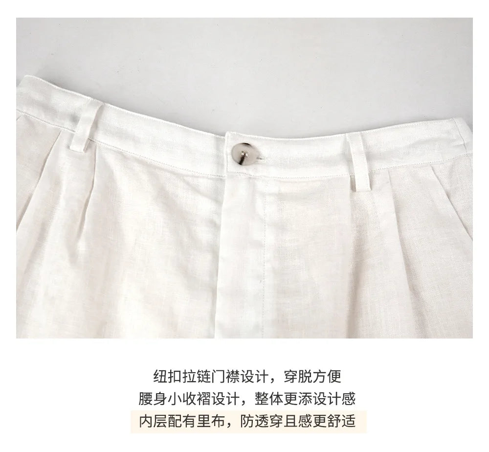Retro 100% Linen Short Pants Women High Wasit Casual Harajuku Fashion Streetwear White Color Summer Office Lady Female Shorts
