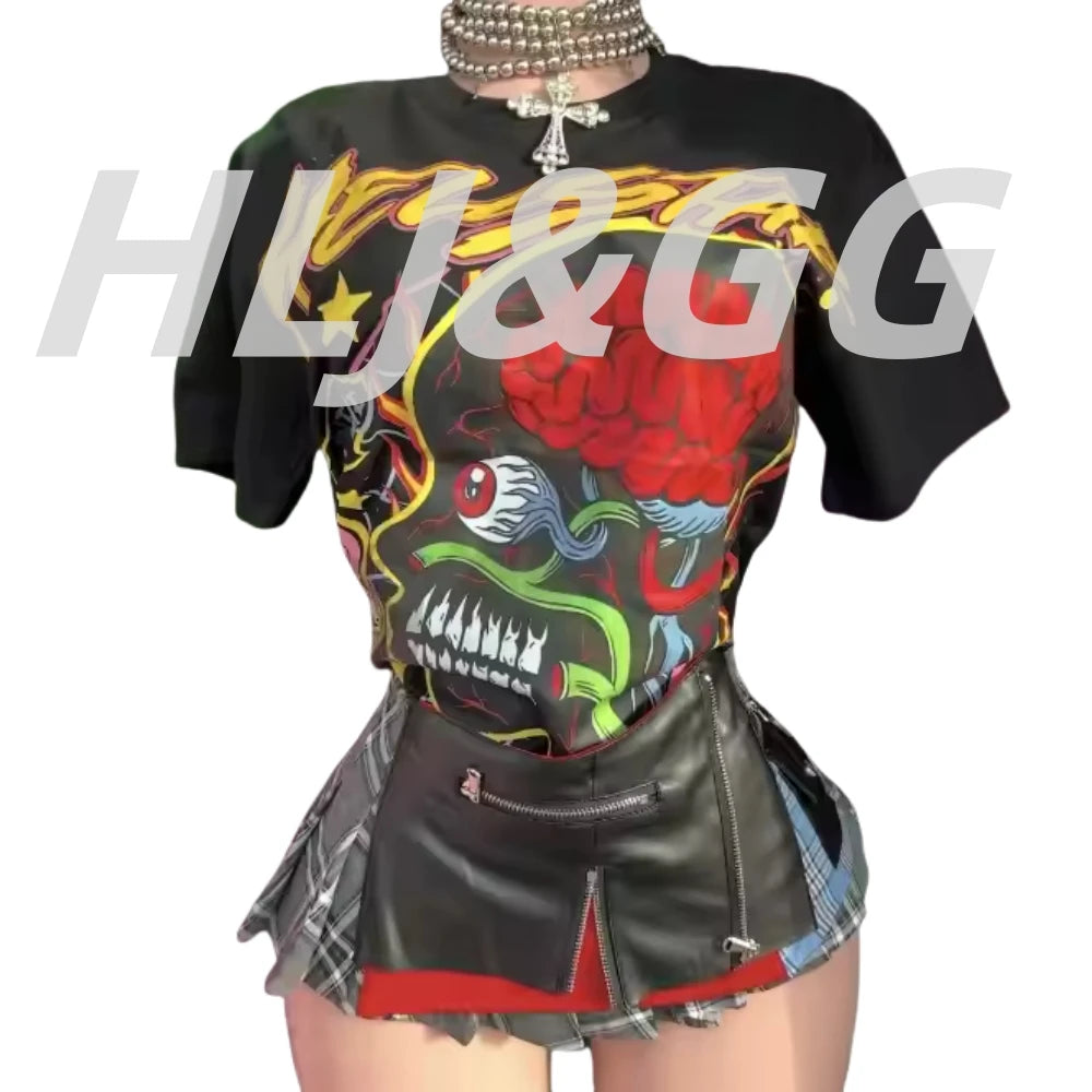 HLJ Trend Fashion Pattern Printing Tshirts Two Piece Sets Women Short Sleeve Top+Irregular Plaid Mini Skirts Outfits Streetwear