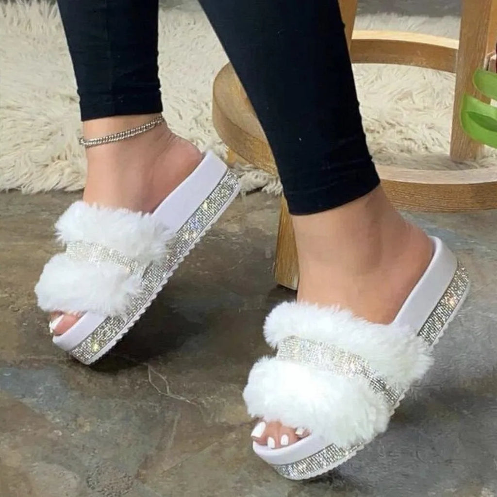 2026 Women's New Thick Bottom Water Diamond Hairy Slippers for Women's Autumn and Winter Flat Bottom Large Anti slip Slippers