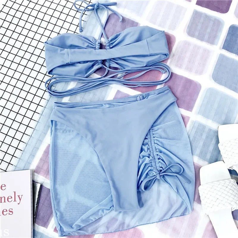 3 Pieces Cross Halter Bikinis Set 2025 Skirt Swimwear Women High Waist Drawstring Bandage Swimsuit Summer Biquini