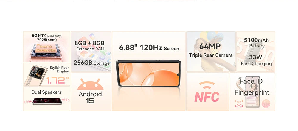 Cubot X100 16GB(8+8) RAM+256GB ROM 64MP Camera 5100mAh Android 15 Dimensity 7025 5G Smartphone 6.88" 120Hz 33W NFC Mobile Phone