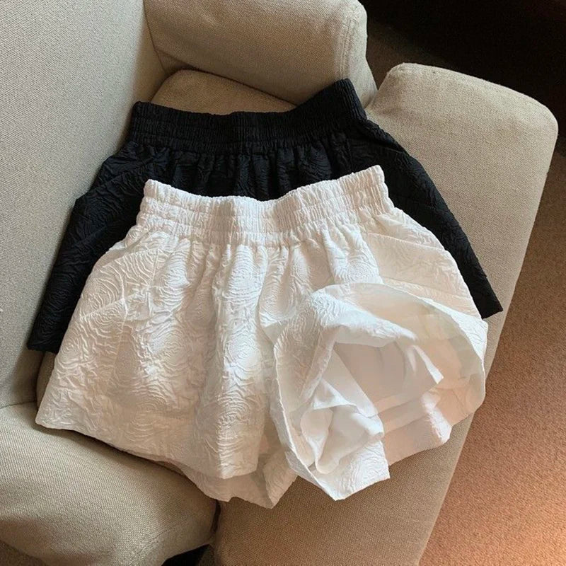 Lucyever Black White Jacquard Shorts Women 2022 Summer Elastic High Waist Pockets Wide Leg Shorts Woman Streetwear Half Pants