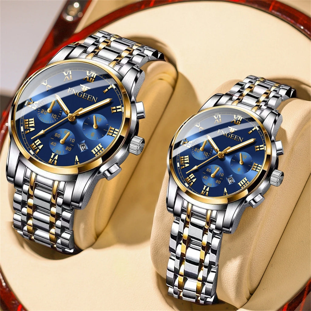 Couple Watches with Stainless Steel Strap, Roman Scale, Blue Dial, Calendar Display, Waterproof Quartz for Men and Women, Sm, 2P