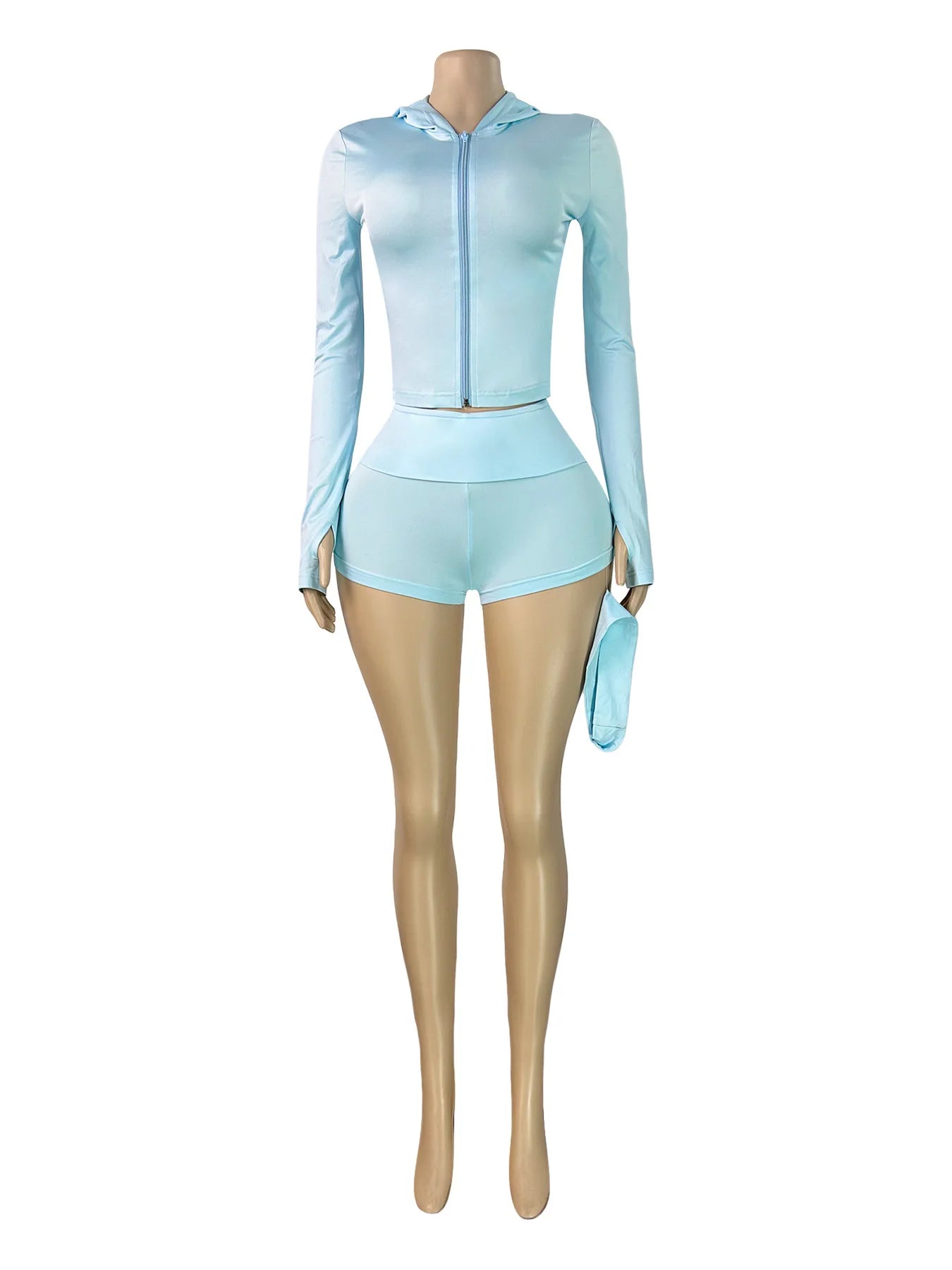 FAGADOER Casual Shorts 3 Piece Sets Women Hooded Zipper Crop Top + Headband + Bodycon Shorts Outfits Summer Fashion Sports Suits