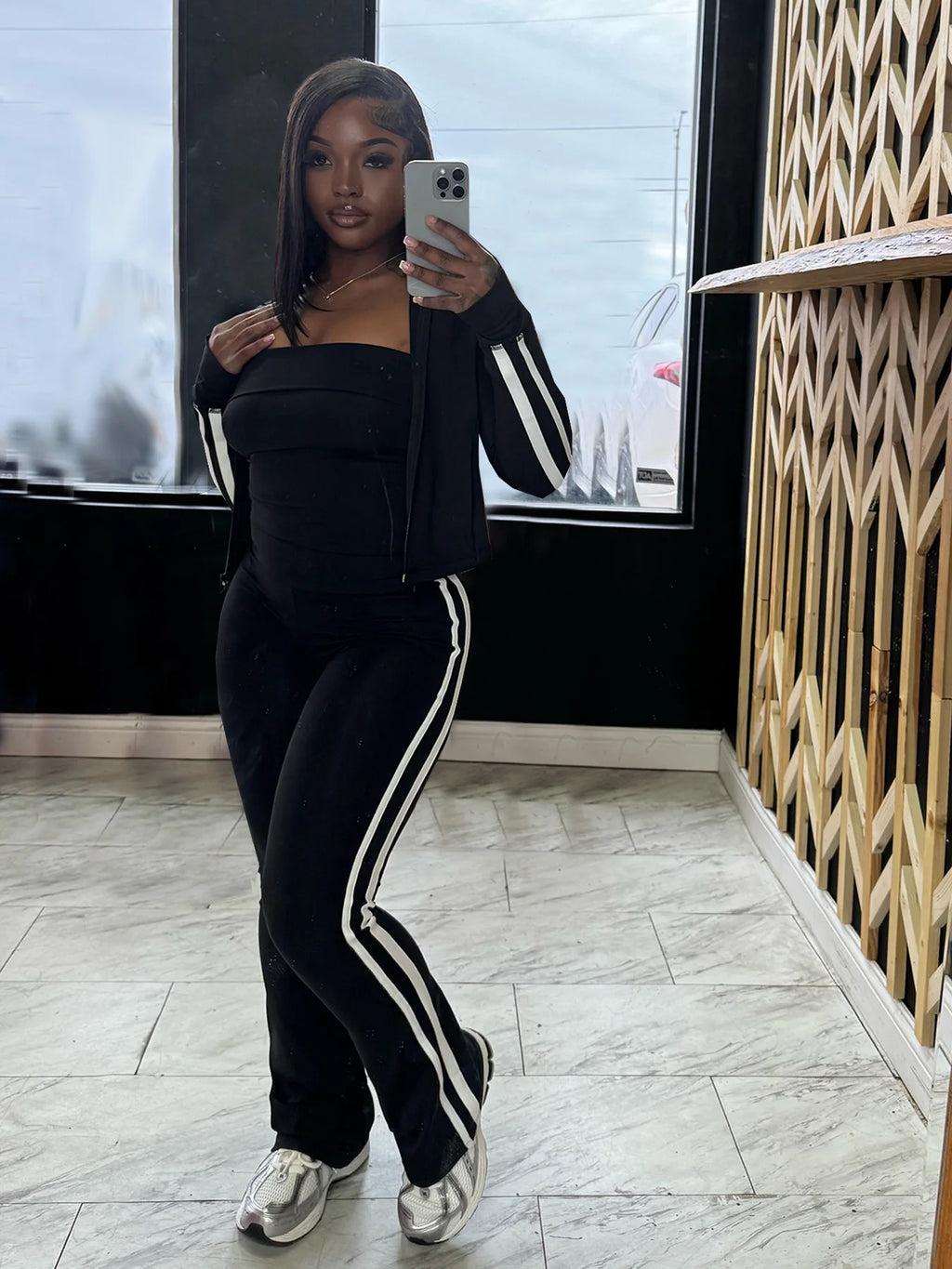 CM.YAYA Women's Set Long Sleeve Cargidan +strapless and Striped Pants Suit Three 3 Piece Set 2025 Street Active Outfit Tracksuit