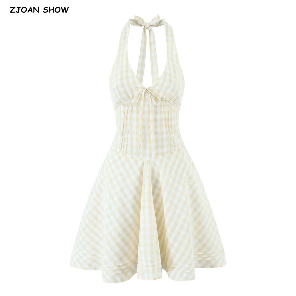 2025 Sexy Plaid Corset Style Bow Halter Sling Dress Women Lacing Up Bandage Back Slim Waist Mini Ball Gown Swing Dresses Robe