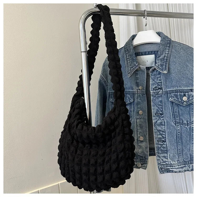 Fashion Pleated Design Shoulder Bag Cute Pleated Bubbles Solid Color Tote Bag Large Capacity Embroidered Satchel Bags Women