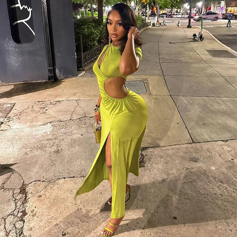 Sexy Hollow Out Ruched Split Bodycon Maxi Dress Women Short Sleeve O-neck Holiday Vacation Nitht Club Party Long Dresses Vestido