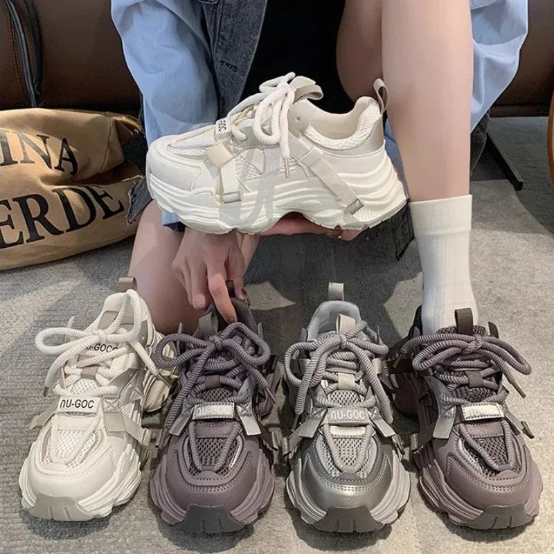 Women's Chunky Sneakers  Breathable Mesh Platform Sports Shoes Woman Fashion Lace Up Thick Sole Casual Shoes Mujer