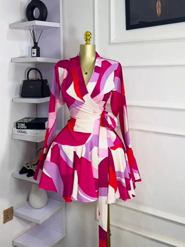 Elegant Women Tie Dye Print Flare Long Sleeve Wrap V-neck with Sashes Ruffle Dress 2026 Elegant Vacation Party Birthday Dresses