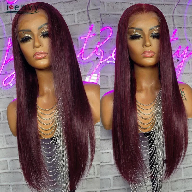 99J Red Colored Lace Front Human Hair Wigs Silky Straight 13X4 13X6 Burgundy Hd Transparent Pre Plucked Lace Frontal Wigs 180%