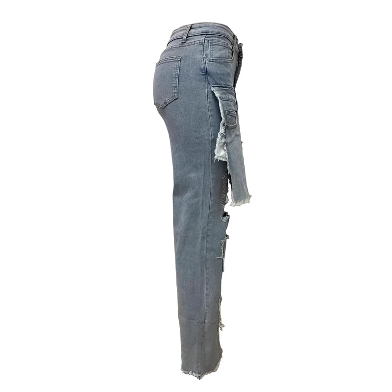 Women's Multi-Poket Patchwork Jeans 2025 New Fashion Streetwear Trend Patch Sexy Distressed Straight Leg Denim Pants Trousers