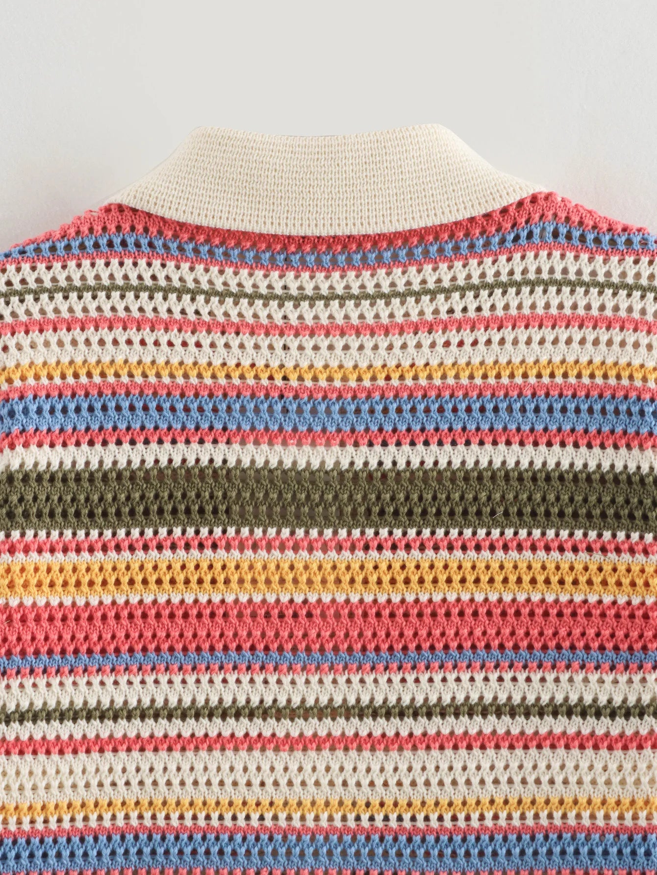 Women Patchwork Striped Hollow Out Crochet Knitted Crop Sweater Shorts Set Short Sleeve Polo Collar Sweater Knit Shorts Suit Y2K