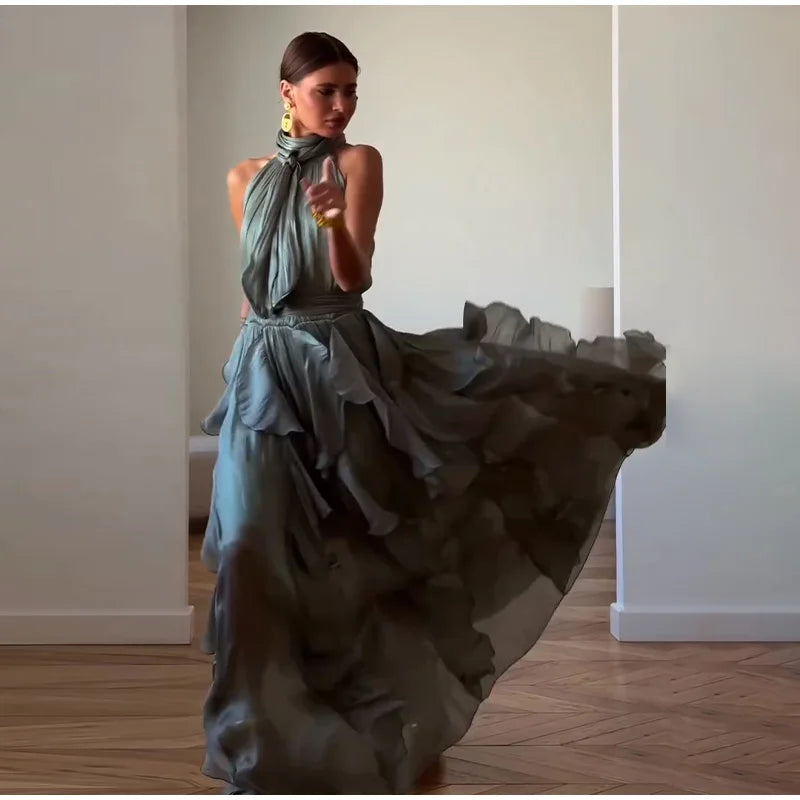 Fashion Halter Ruffle Long Dress Women Chiffon Sleeveless Ruffled Tiered Waist Cinching Party Dresses Lady Holiday Y2K Chic Robe