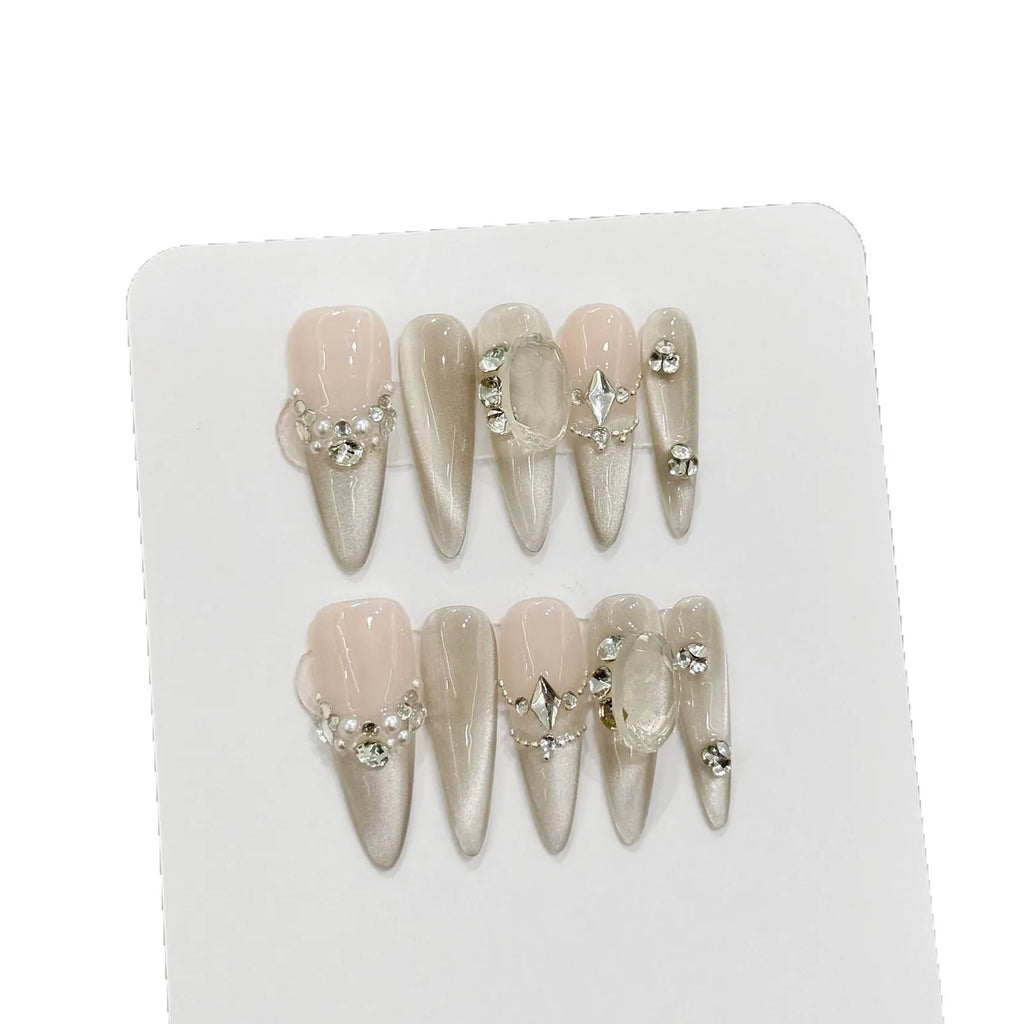 10pcs Nude Color Handmade Press On Nails Glossy Dimoand Champagne Color French False Nails Luxury Almond Simple Fake Nail Tips