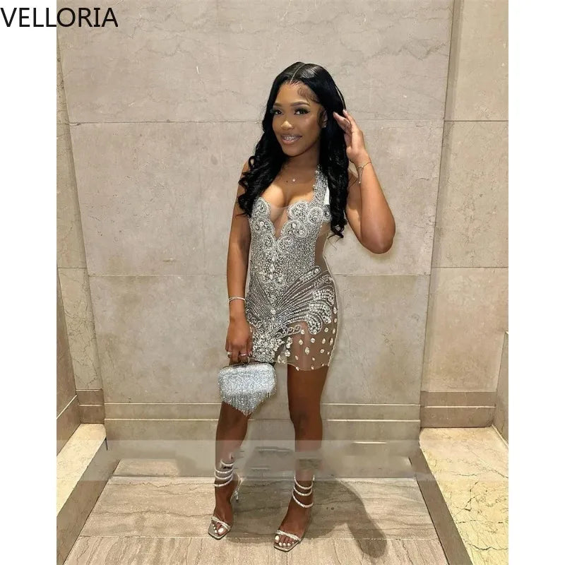 Black Beaded Sequins Deep V Short Dresses Sleeveless Bodycon Cocktail Party Dress Women Sexy Club Wear Birthday Vestidos Custom